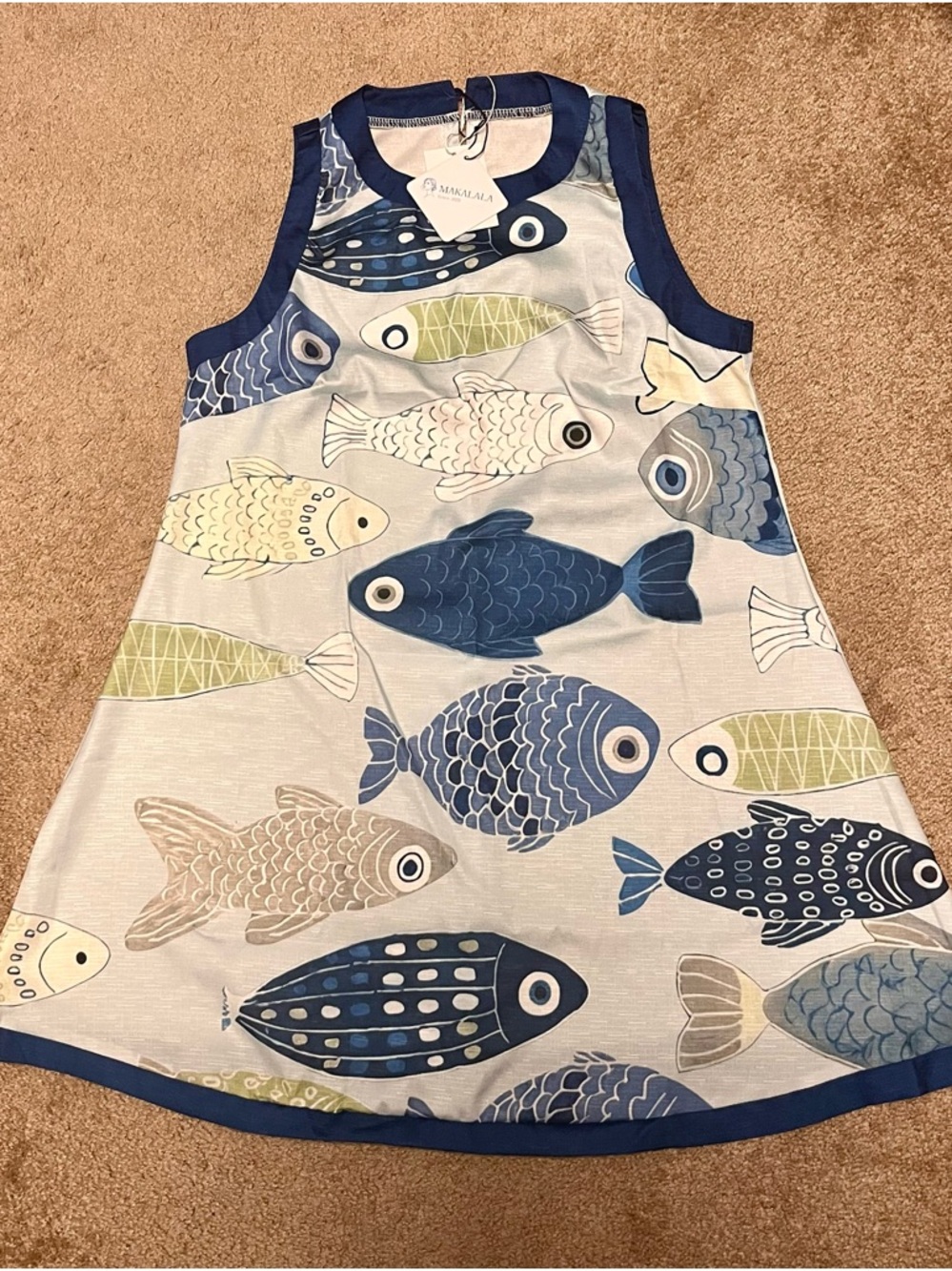 Malala’s Navy, Cream & Light Green Fish-Print Tank Dress